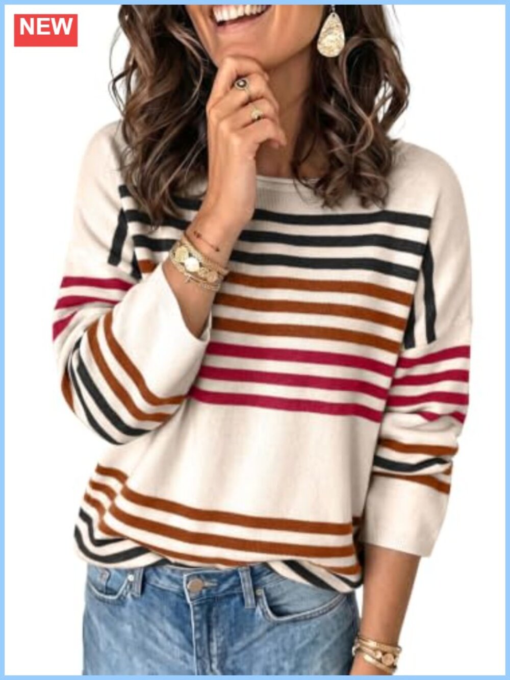 Striped Oversized Pullover Sweater Crewneck Knit Top Fall Winter